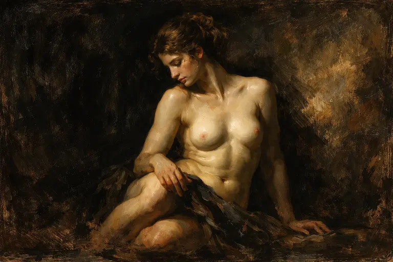 Lienzo original 1/1 de digital fine art que presenta un desnudo renacentista neoclásico con iluminación dramática de claroscuro