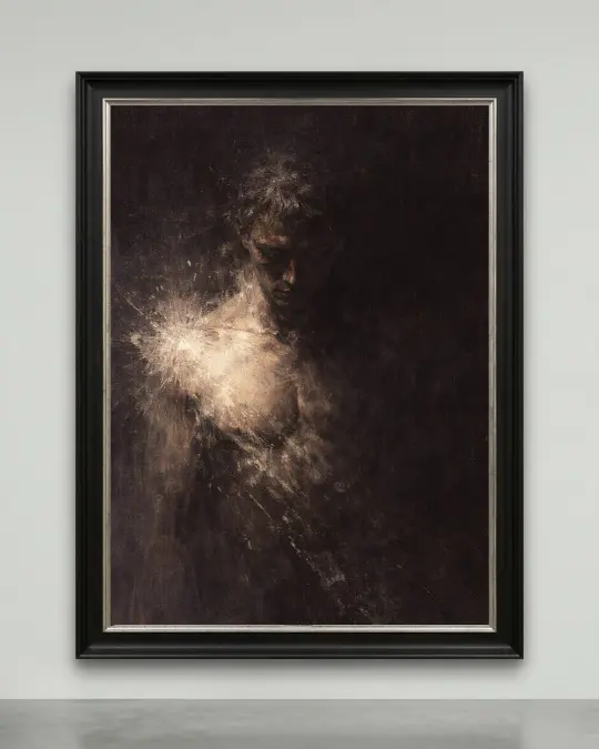 Exclusive buy 1/1 abstract realism expressive anatomy canvas showing a man in shadows with a glowing chest.