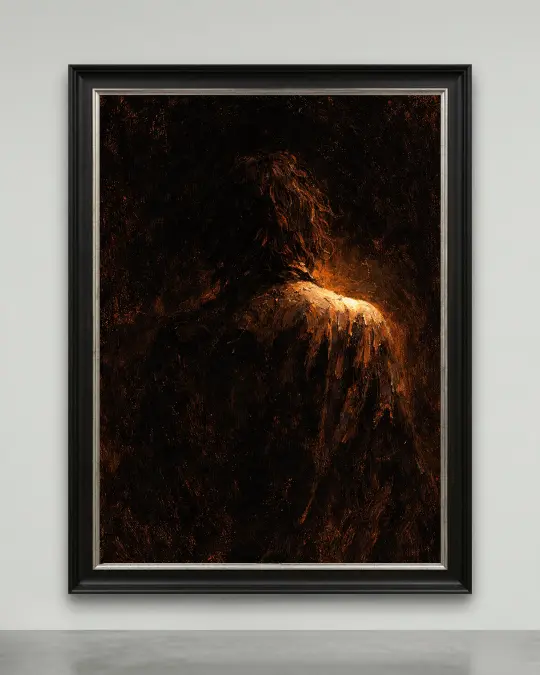 A heavily textured chiaroscuro painting of a solitary figure from behind, illuminated by a warm glow on the shoulder.