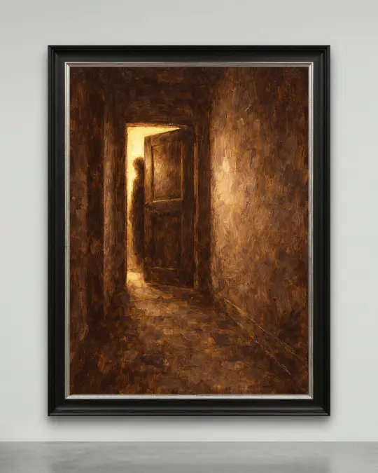 Shadowy figure in a glowing doorway, buy cinematic narrative portraiture canvas 1/1 for luxury dark academia library decor.