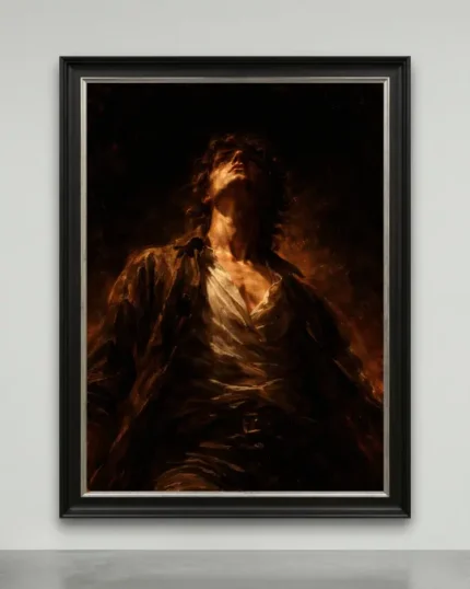 A dramatic, dark academia portrait of a young man bathed in golden light, representing an opportunity to buy original tenebrism canvas art 1/1.