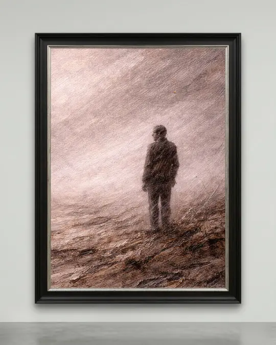 A solitary figure in a textured, foggy landscape, representing an exclusive philosophical canvas for luxury interiors.