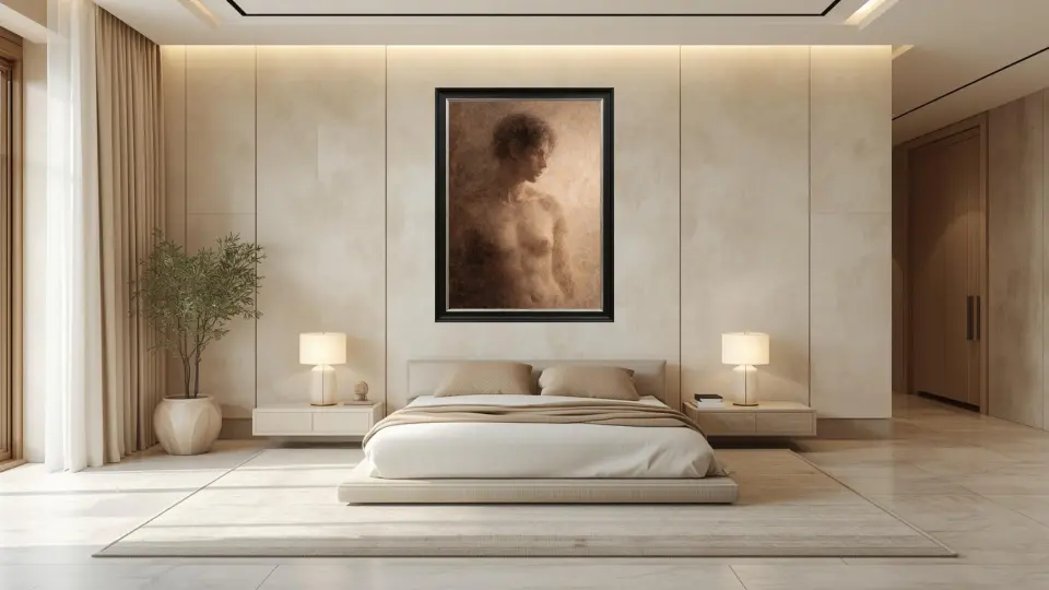 Master bedroom curated fine art decor