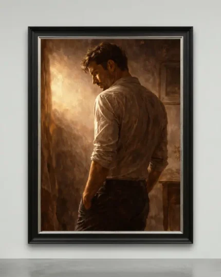 Man in pinstripe shirt looking away from camera towards a warm light source, a 1/1 exclusive cinematic narrative portrait canvas.