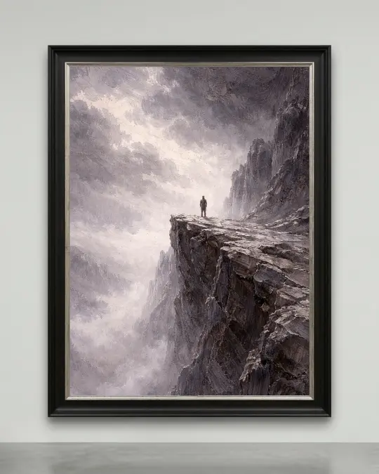 A solitary figure on a dramatic cliff edge, an exclusive sublime canvas art piece for luxury interiors.