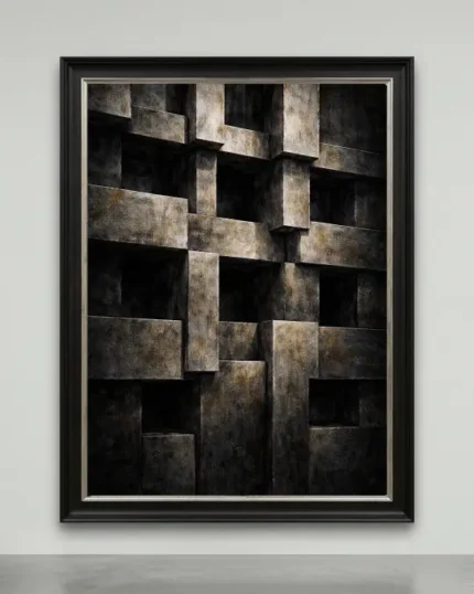 The Monolithic Labyrinth exclusive neo deco canvas featuring oxidized bronze and dark grey geometric 3D structural blocks.