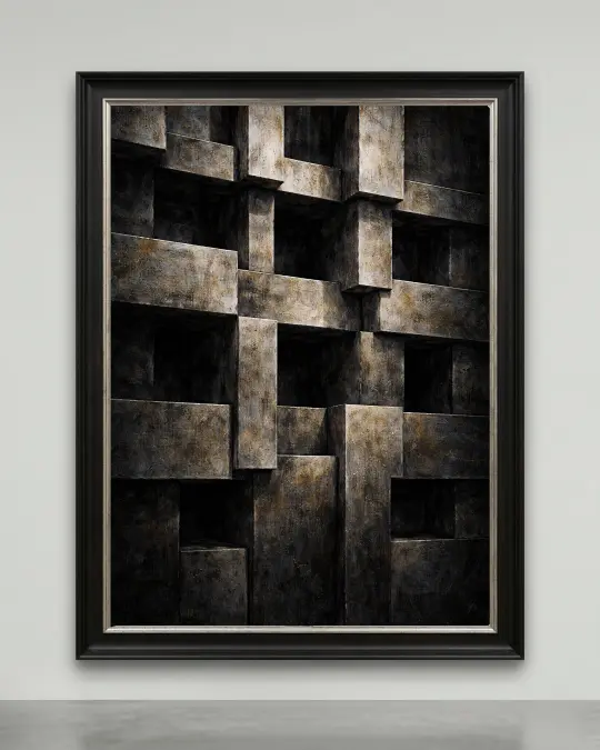 The Monolithic Labyrinth exclusive neo deco canvas featuring oxidized bronze and dark grey geometric 3D structural blocks.
