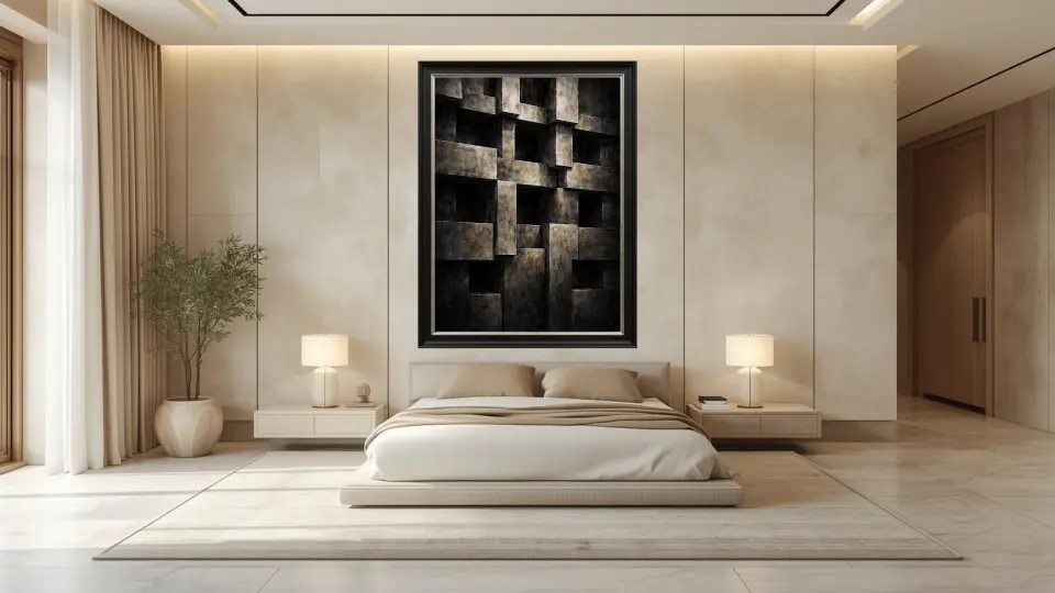 Master bedroom curated art integration