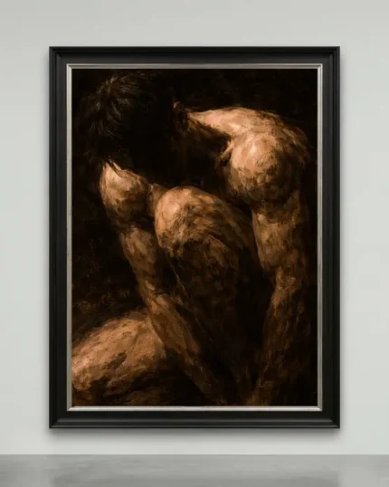 A 1/1 exclusive neo classical figurative canvas showing a muscular male figure crouching in dark bronze and black tones.