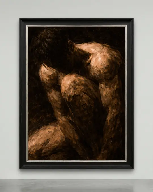 A 1/1 exclusive neo classical figurative canvas showing a muscular male figure crouching in dark bronze and black tones.