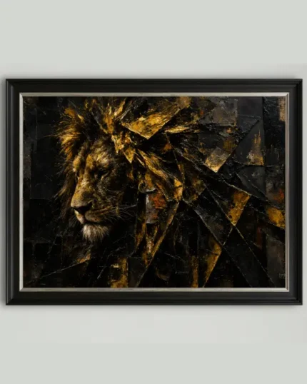 Abstract golden lion canvas art depicting fractured sovereign power in black and gold tones