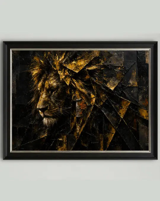Abstract golden lion canvas art depicting fractured sovereign power in black and gold tones