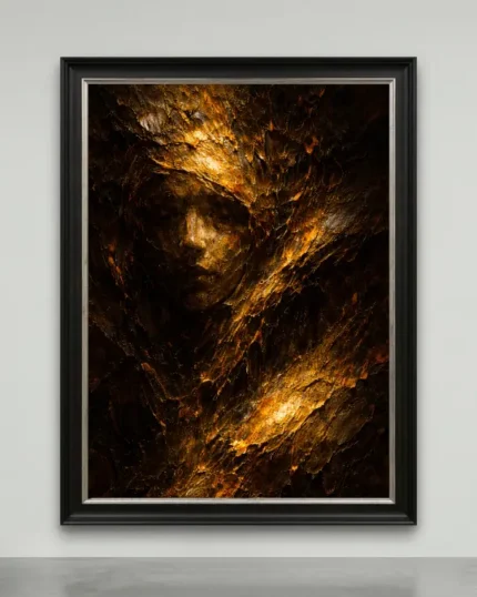 Mythic impasto canvas artwork featuring a golden textured veiled face emerging from darkness