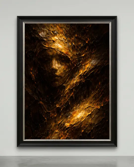 Mythic impasto canvas artwork featuring a golden textured veiled face emerging from darkness