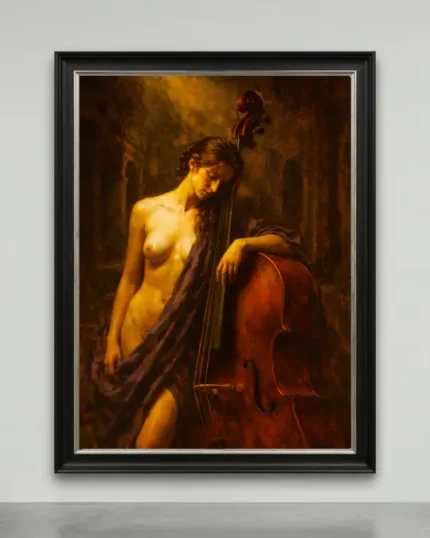 chiaroscuro cello canvas 1/1 featuring a classical nude figure with cello in dark academia style
