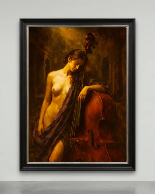 chiaroscuro cello canvas 1/1 featuring a classical nude figure with cello in dark academia style