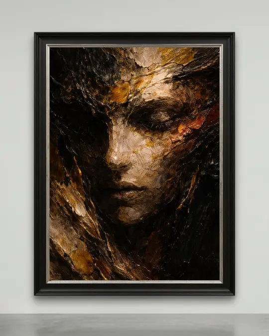 Mythic impasto canvas artwork featuring textured abstract female portrait in dark tones