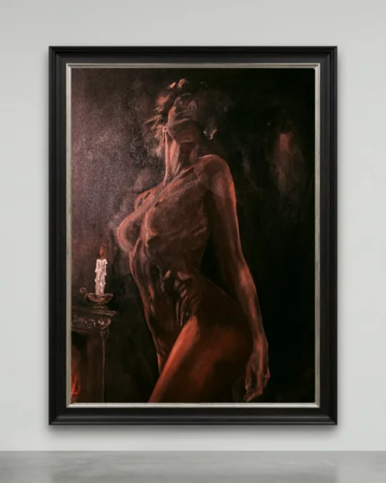 chiaroscuro nude oil painting featuring a sensual female figure in dramatic red and shadow tones