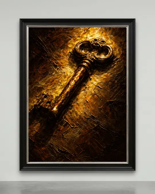 Antique key canvas artwork with gold textured surface in dark academia style