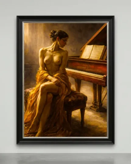Symphonic nude woman seated by piano in classical chiaroscuro style luxury canvas art