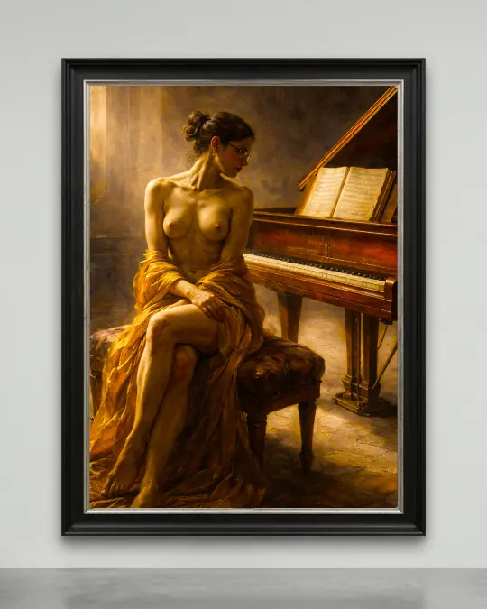 Symphonic nude woman seated by piano in classical chiaroscuro style luxury canvas art