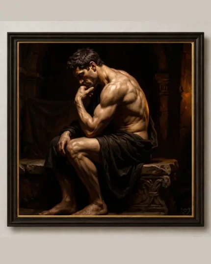 Neoclassical male figure canvas art depicting a contemplative muscular man in chiaroscuro lighting
